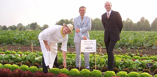 Küchenchef Jörg Michael, Direktor Richard Mayer und Jörg Grede, Direktor Sales & Marketing auf dem extra f+ürs Maritim Hotel bepflanzten Feld in Ismaning (Foto: Marikka-Laila Maisel)