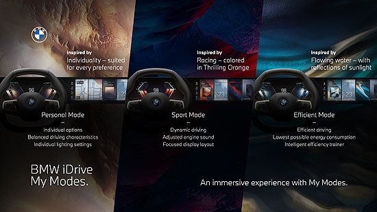 Das neue BMW iDrive startet mit den drei Modes Efficient, Sport und Personal